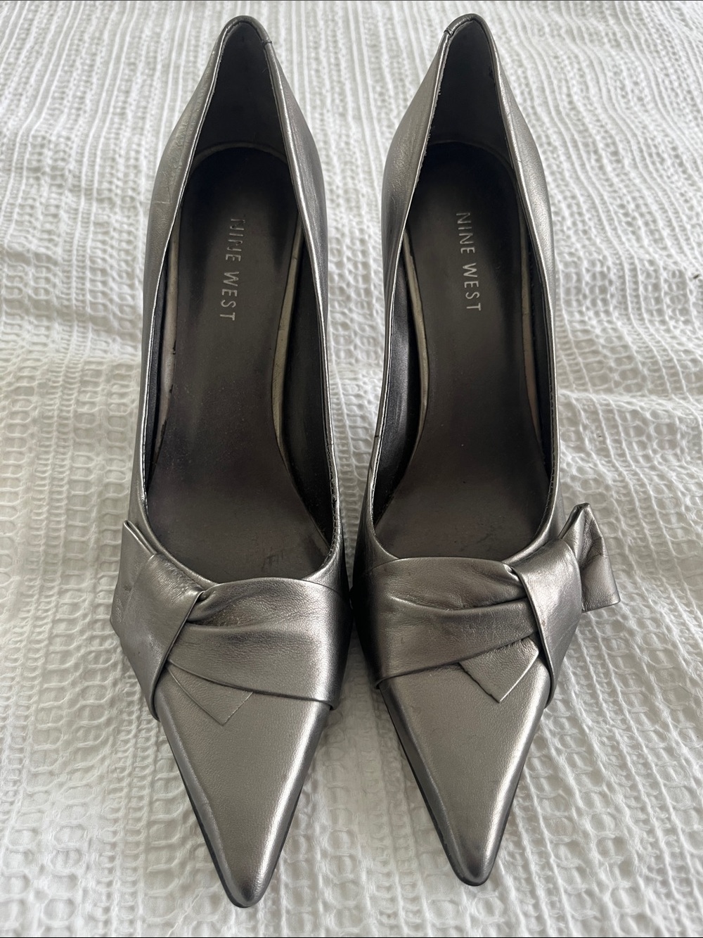 Nine West Metallic Silver Pointed Toe Knot Pumps